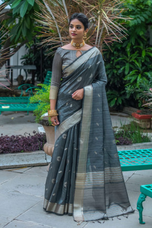 Gray color tussar silk weaving saree with zari woven butti