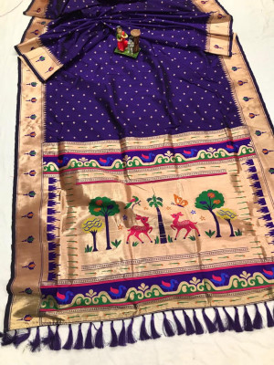 Violet color paithani silk saree with golden zari weaving work