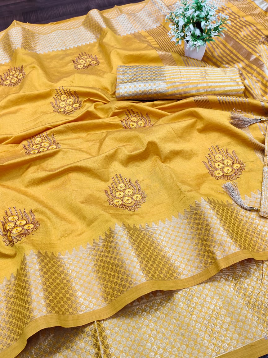Yellow color assam silk saree with embroidery work