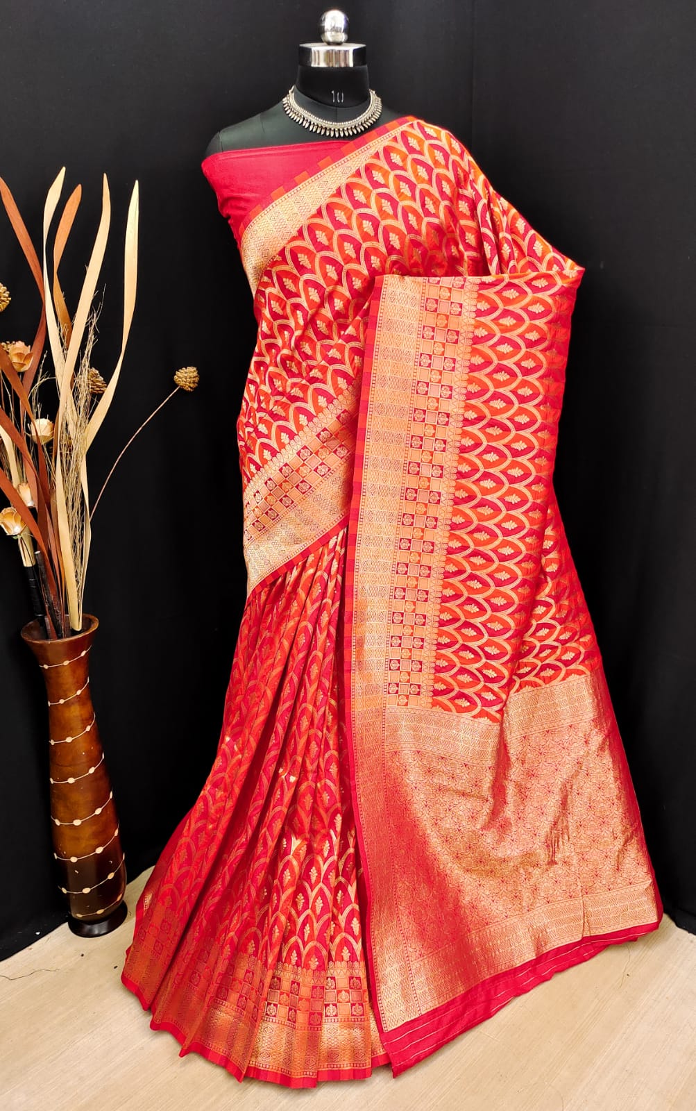 Red color soft banarasi silk saree with zari weaving work