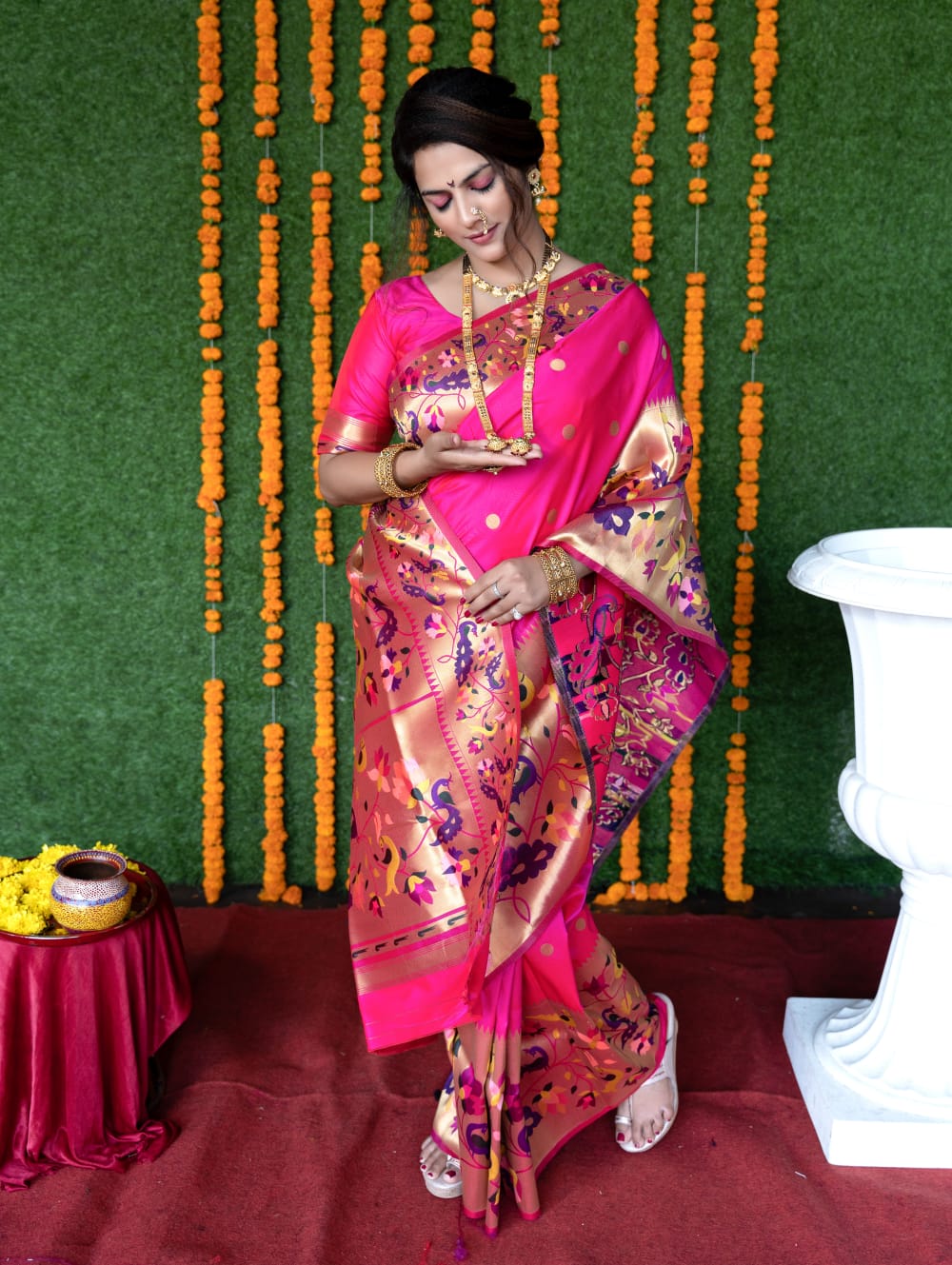 Pink color paithani silk saree with zari weaving work