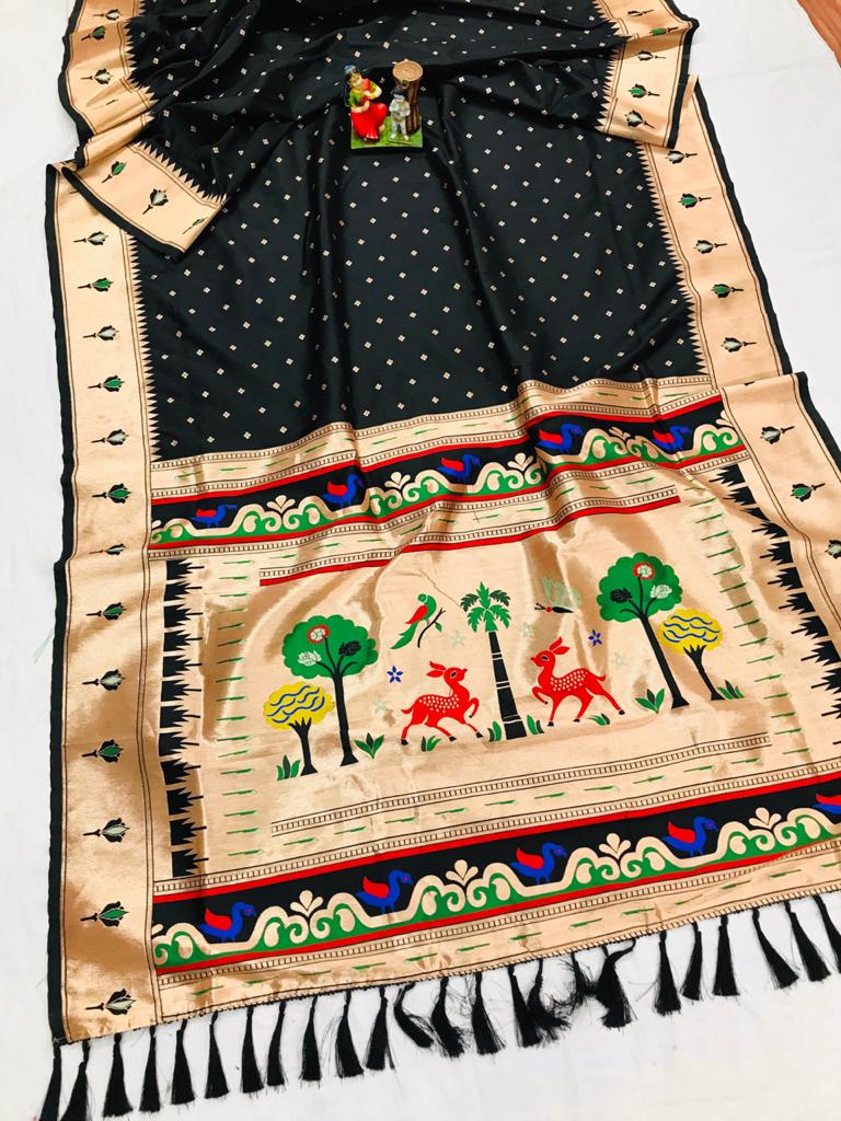 Black color paithani silk saree with golden zari weaving work