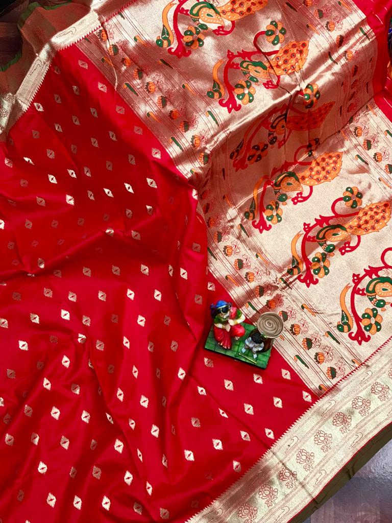 Red color paithani silk saree with weaving work