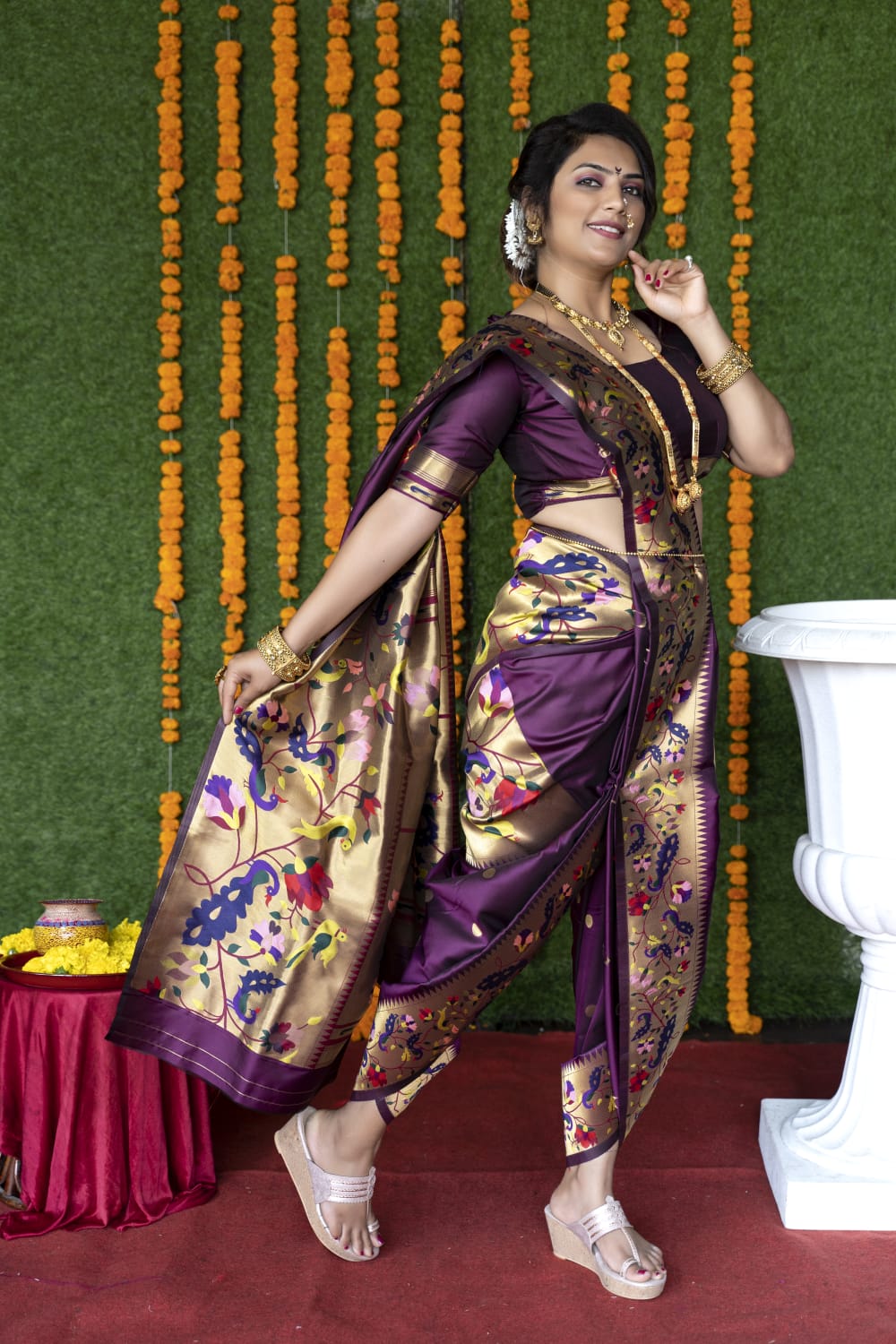 Magenta color paithani silk saree with zari weaving work