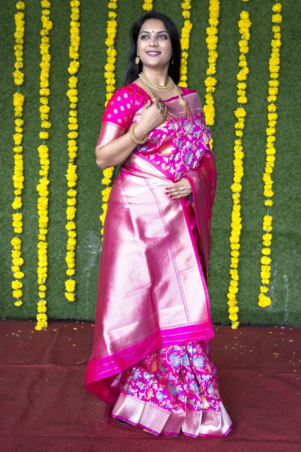 Pink color kanchipuram silk saree with zari weaving work