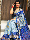Gray and blue color bandhani silk saree with khadi printed work