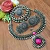 Stone Necklace set with Big size Jhumka, Nosepin, Ring and Beautiful bangles