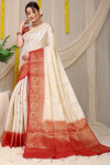 Off white color fancy silk saree with golden zari weaving work