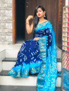 Blue and sky blue color bandhani saree with hand bandhej print