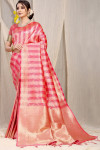 Baby pink color kanchipuram silk saree with zari woven work