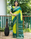 Parrot green and dark green color bandhej silk saree with zari weaving work