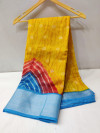 Yellow color linen cotton saree with printed work