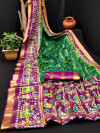 Green and purple color cotton saree with patola printed work