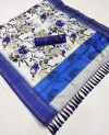 White and blue color soft silk saree with digital printed work