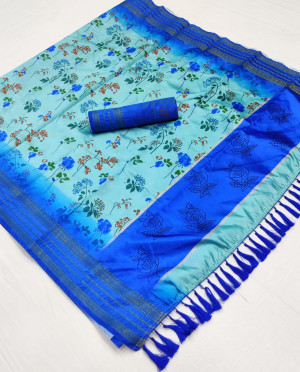 Sae green and royal blue color soft cotton silk saree with printed work
