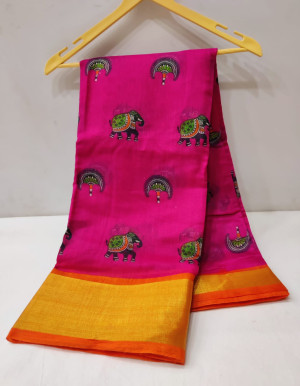 Rani pink color linen cotton saree with printed work