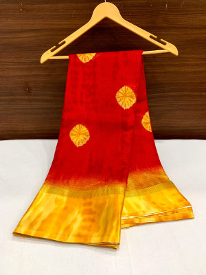 Red and yellow color soft cotton saree with printed work