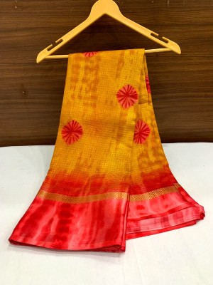 Yellow and red color soft cotton saree with printed work