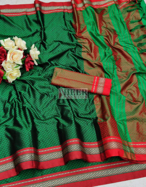 Dark green color cotton silk saree with zari woven work