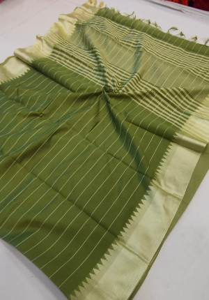 Embellished Satin Chiffon Saree in Light Olive Green : SFVA3800