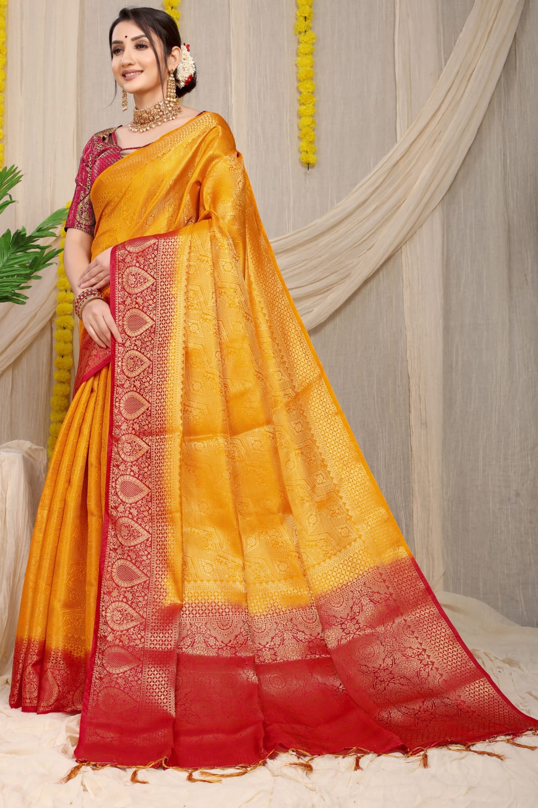 Stones Work Yellow Coloured Novelty Pattern Banaras Fancy Saree