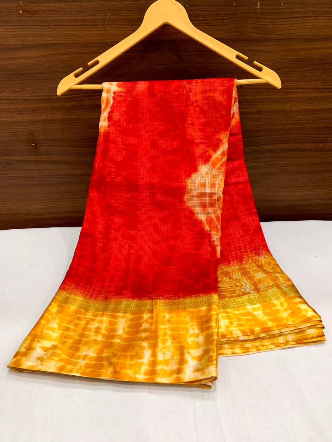Red and yellow color soft cotton saree with printed work