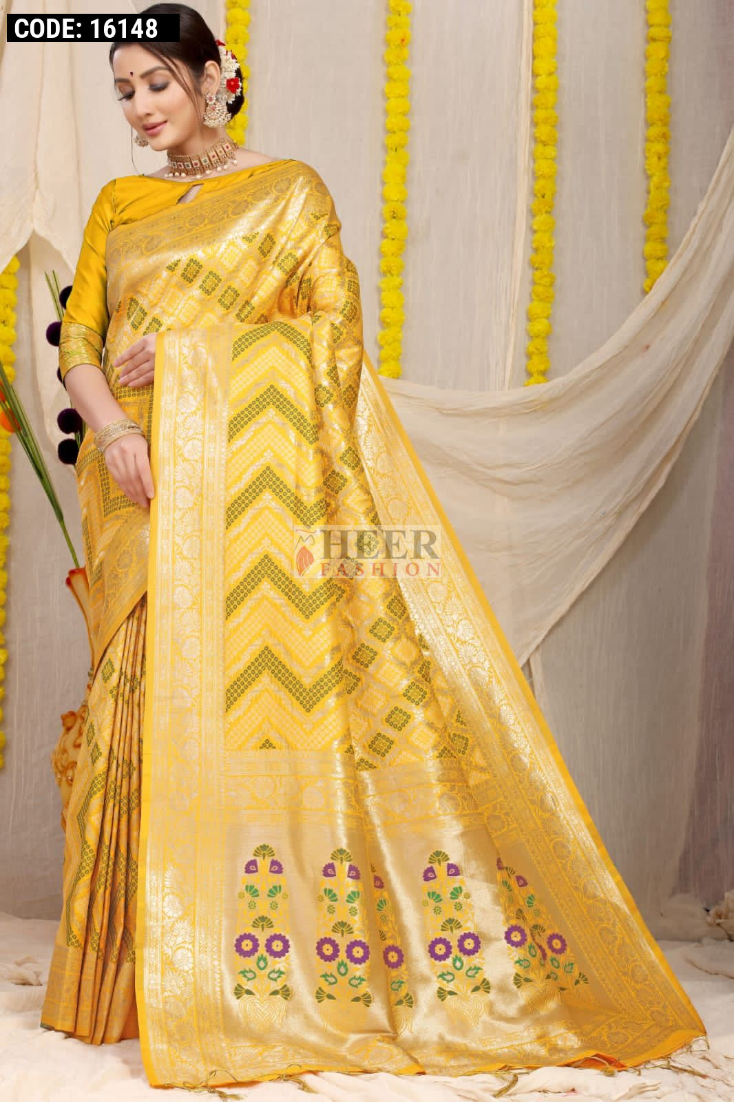 Yellow Pure Soft Satin Silk Banarasi Handloom Saree - Tilfi