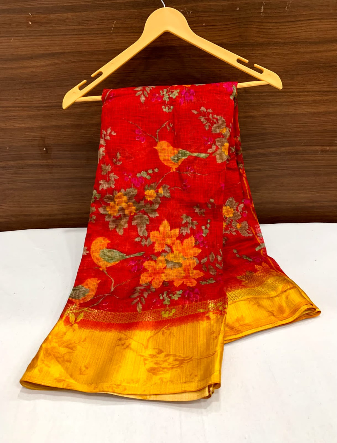 Red and yellow color soft cotton saree with printed work