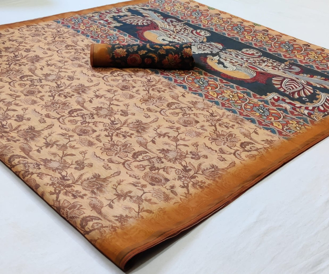Light yellow color soft cotton saree with printed work