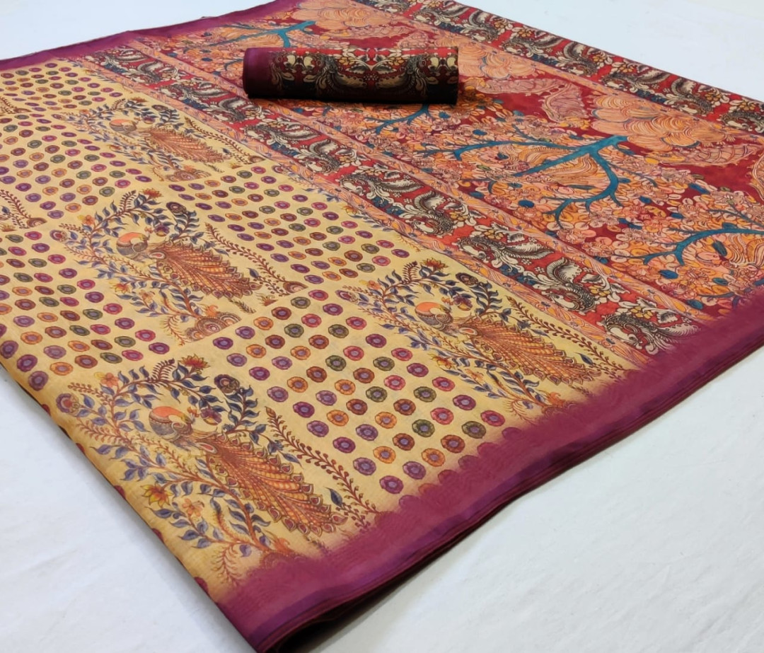 Mustard yellow soft cotton saree with printed work