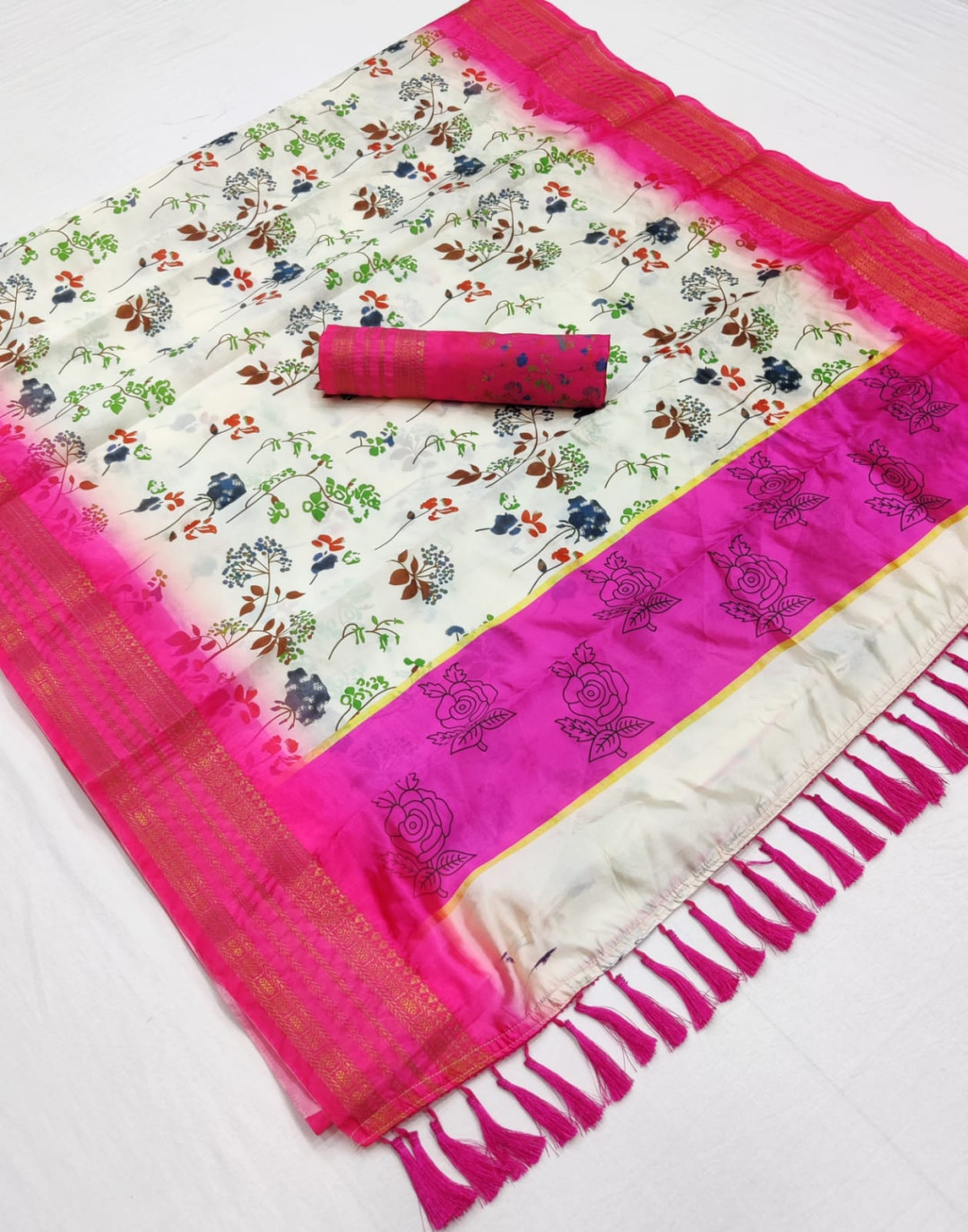 Multi color soft silk saree with printed work