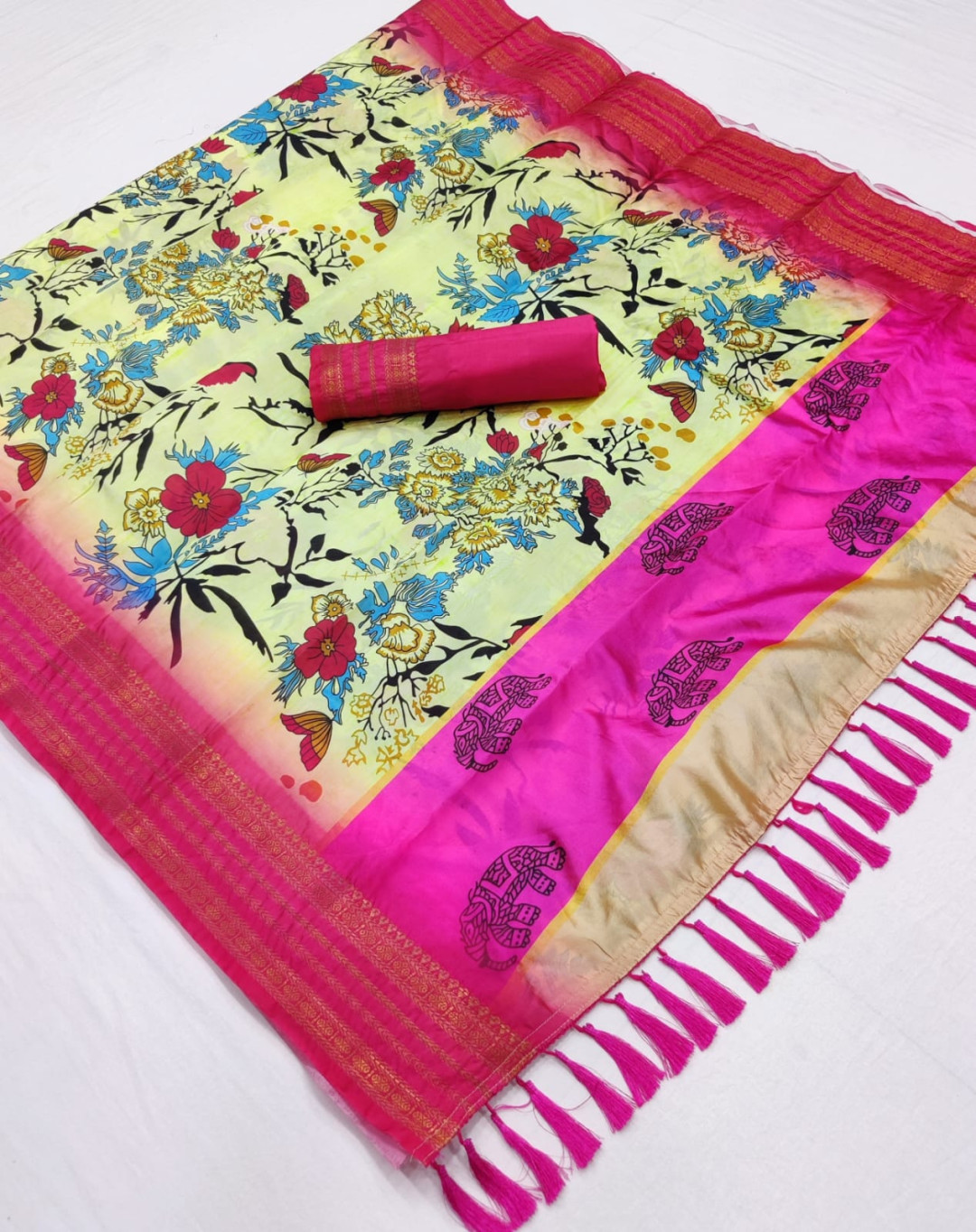 Light yellow and pink color soft silk saree with printed work