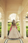 Beige and navy blue color georgette lehenga with sequince embroidered work