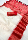 Durga puja special white and red color organza silk saree with zari weaving work