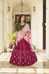 Deep pink and olive green color georgette lehenga with sequince embroidered work
