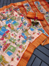 Orange color tussar silk saree with kalamkari printed work