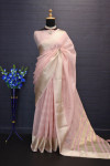 Baby pink color soft tussar silk saree with zari weaving border