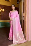 Pink color satin silk saree with zari weaving work