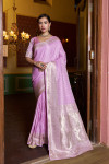 Lavender color satin silk saree with zari weaving work