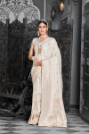 Off white color satin silk saree with zari weaving work