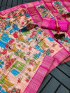 Pink color tussar silk saree with kalamkari printed work