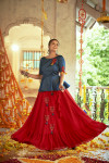 Blue and red color gajji silk top and art silk skirt