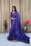 Royal blue color tussar silk saree with printed work