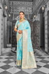 Sky blue color satin silk saree with zari weaving work