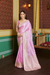 Baby pink color satin silk saree with zari weaving work