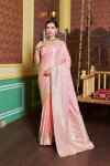 Peach color satin silk saree with zari weaving work