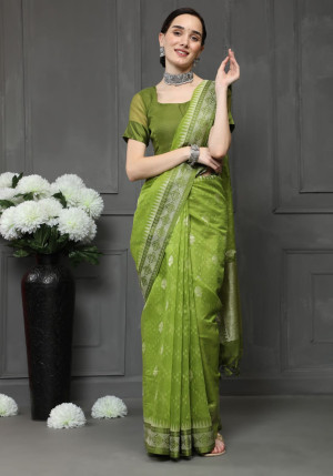 Mahendi green color soft cotton saree with woveng design