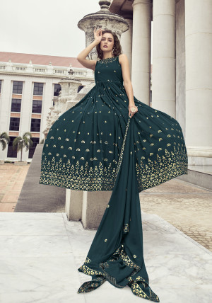 Buy Rama Green Zari Silk Designer Gown And Banarasi Silk Dupatta For  Wedding Wear-JINIFASHION101D | Fashion Clothing