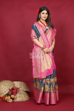 Pink color kanchipuram silk saree with digital printed work