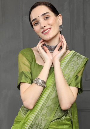 Mahendi green color soft cotton saree with woveng design